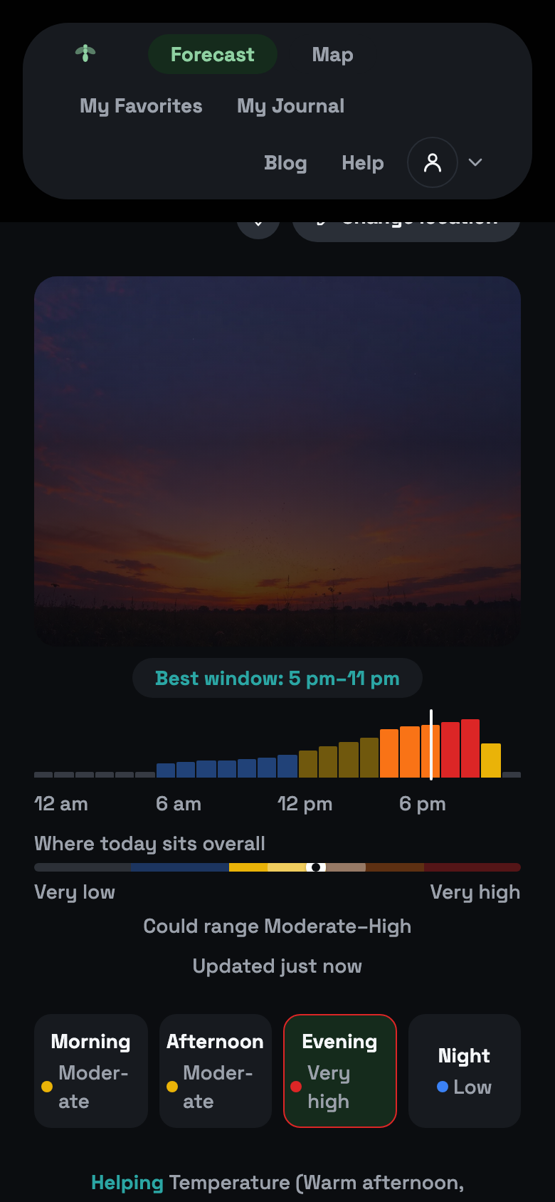Dealate's forecast screen: today's verdict Moderate (possible, worth a look) with the best window highlighted on an hourly timeline