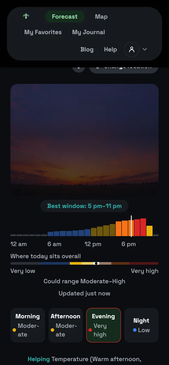 Dealate's forecast screen asking Are ants flying?: the best window, 5 pm to 11 pm, highlighted on an hourly timeline, with today ranging Moderate to High